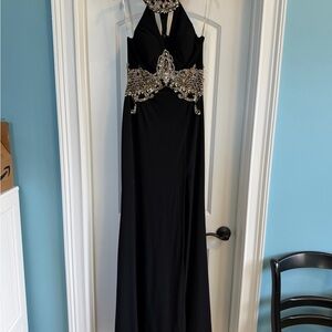 Elegant Black Prom Dress with Silver/Gold Embellishments